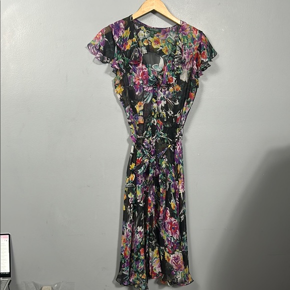 Lauren Ralph Lauren 100% Silk Sheer Tropical Floral Long Dress Ruffle Button 10 - Picture 1 of 16